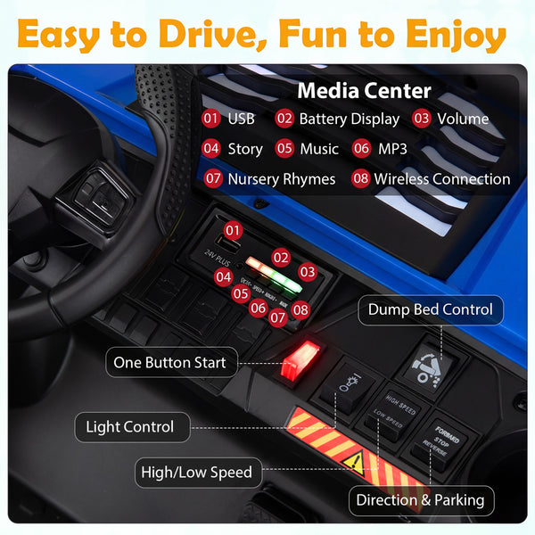 24V 2-Seater Kids Ride on Dump Truck 4WD with Electric Dump Bed and Lights