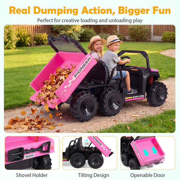 24V 2-Seater Kids Ride on Dump Truck 4WD with Electric Dump Bed and Lights