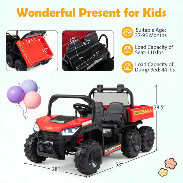 24V 2-Seater Kids Ride on Dump Truck 4WD with Electric Dump Bed and Lights