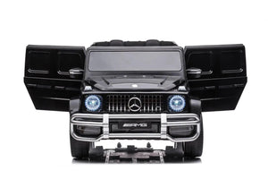 24V 4x4 Mercedes Benz G63 AMG ride-on car for kids, 2-seater, angled view showcasing sleek design and features.