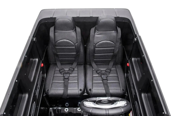 24V Mercedes Benz G63 AMG 4x4 ride-on car for kids, 2-seater, angled view showcasing its sleek design and features.