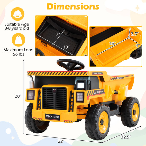 24V Construction Electric Vehicle with Dump Bed and Remote Control for Aged 3-8-Yellow