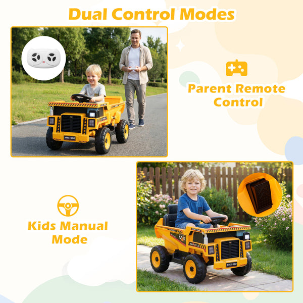 24V Construction Electric Vehicle with Dump Bed and Remote Control for Aged 3-8-Yellow