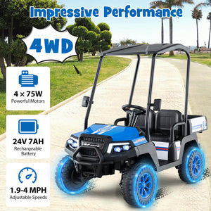 24V Kids Golf Cart 4WD 2-Seater Ride on Car with Storage Trunk and Horn