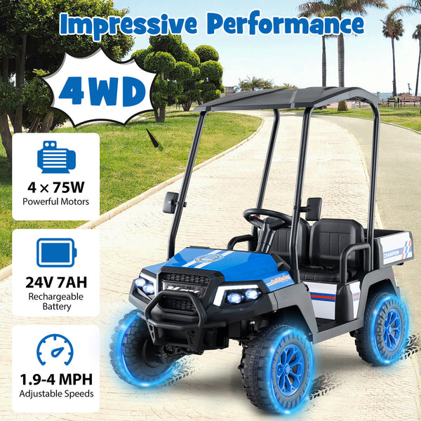 24V Kids Golf Cart 4WD 2-Seater Ride on Car with Storage Trunk and Horn