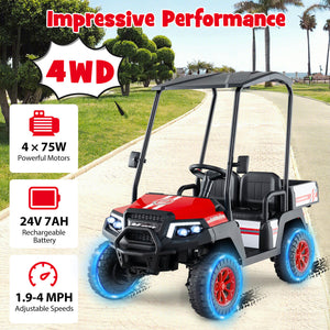 24V Kids Golf Cart 4WD 2-Seater Ride on Car with Storage Trunk and Horn