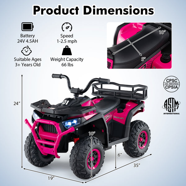 24V Kids Ride on Electric ATV Quad Car with Realistic Sounds and  LED Lights
