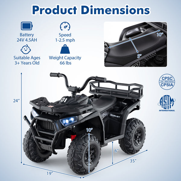 24V Kids Ride on Electric ATV Quad Car with Realistic Sounds and  LED Lights