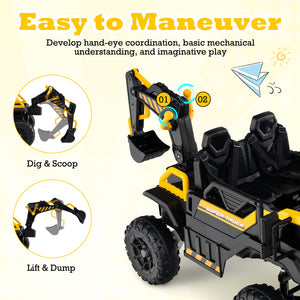24V Ride On Excavator 4WD 2-Seater with Remote Control and Digging Arm for Kids