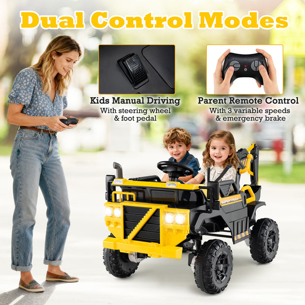 24V Ride On Excavator 4WD 2-Seater with Remote Control and Digging Arm for Kids