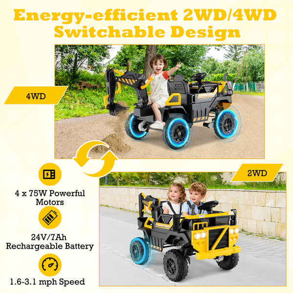 24V Ride On Excavator 4WD 2-Seater with Remote Control and Digging Arm for Kids