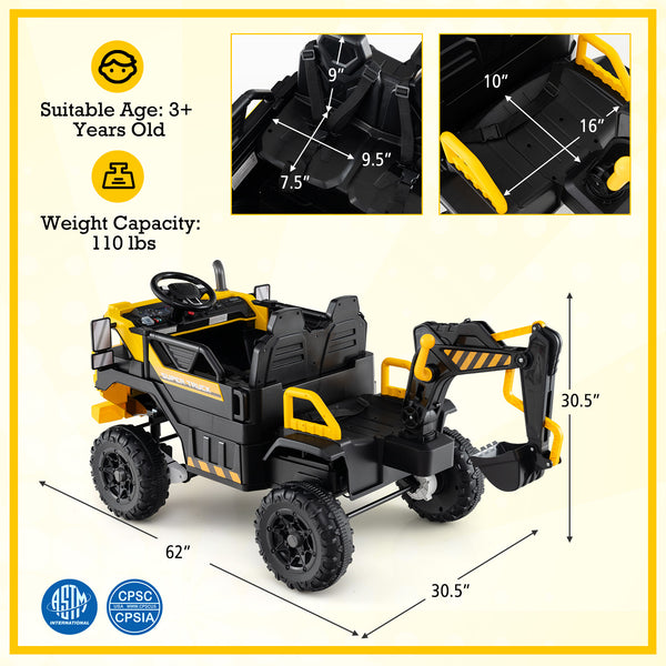 24V Ride On Excavator 4WD 2-Seater with Remote Control and Digging Arm for Kids