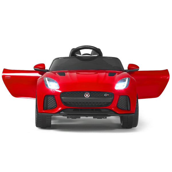 12V Jaguar F-Type SVR licensed kids ride-on car in angle view, perfect for outdoor play and adventure.