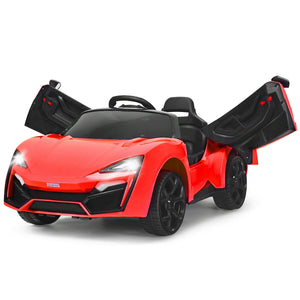 12V 2.4G RC electric vehicle for kids with lights, angled view showcasing its design and features.