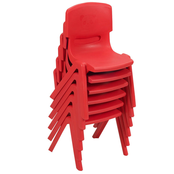 Colorful 6-pack stackable plastic chairs for kids, perfect for classrooms and playrooms.