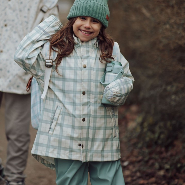 Fishtail rain jacket in fern plaid for babies, showcasing stylish design and vibrant colors at angle 4.