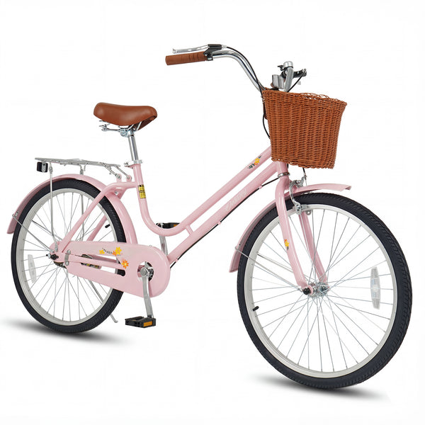 26 Inch Beach Cruiser Bike for Women with Woven Basket and Rear Rack - Pink
