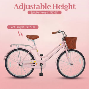 26 Inch Beach Cruiser Bike for Women with Woven Basket and Rear Rack - Pink