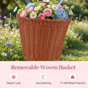 26 Inch Beach Cruiser Bike for Women with Woven Basket and Rear Rack - Pink