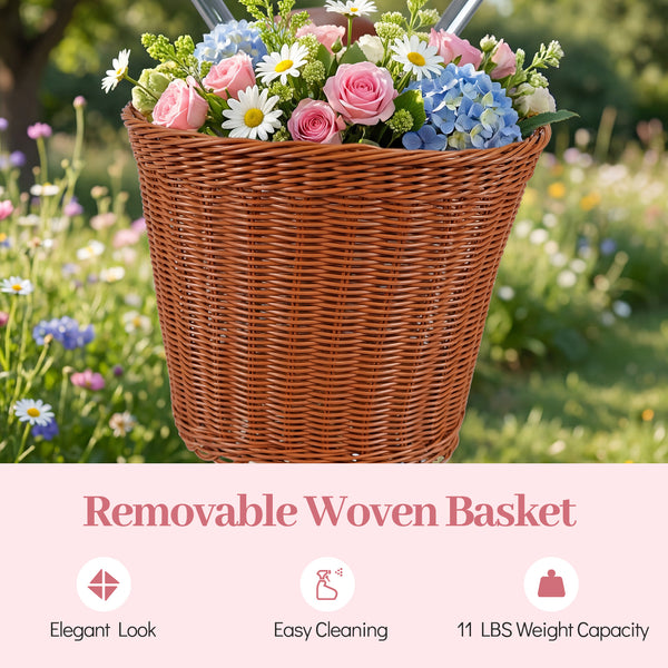 26 Inch Beach Cruiser Bike for Women with Woven Basket and Rear Rack - Pink