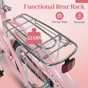 26 Inch Beach Cruiser Bike for Women with Woven Basket and Rear Rack - Pink