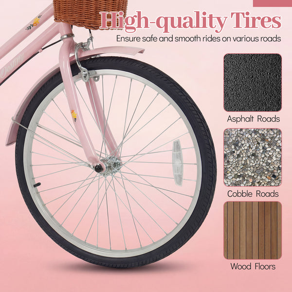 26 Inch Beach Cruiser Bike for Women with Woven Basket and Rear Rack - Pink