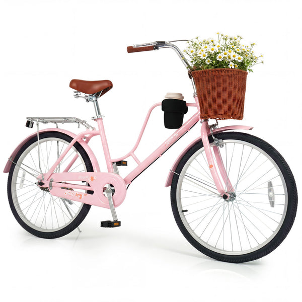 26-Inch Beach Cruiser Bike with Cup Holder and Woven Basket - Pink