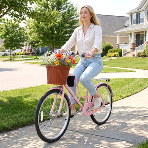 26-Inch Beach Cruiser Bike with Cup Holder and Woven Basket - Pink