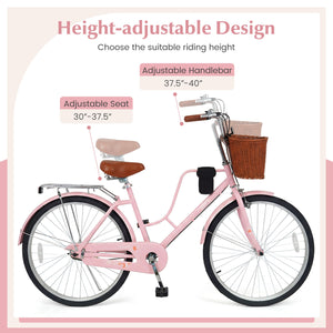 26-Inch Beach Cruiser Bike with Cup Holder and Woven Basket - Pink