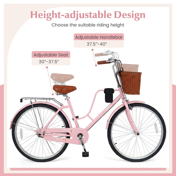 26-Inch Beach Cruiser Bike with Cup Holder and Woven Basket - Pink