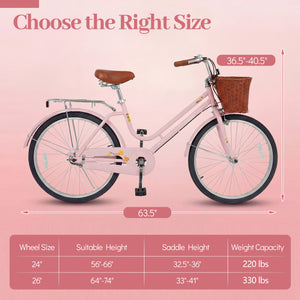 26 Inch Beach Cruiser Bike for Women with Woven Basket and Rear Rack - Pink