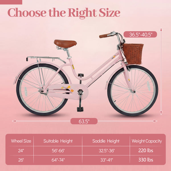 26 Inch Beach Cruiser Bike for Women with Woven Basket and Rear Rack - Pink