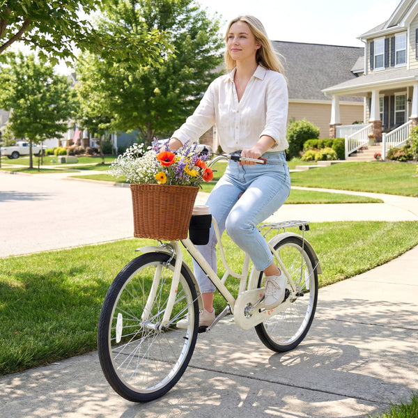 26-Inch/24-Inch Beach Cruiser Bike with Cup Holder and Woven Basket - Beige