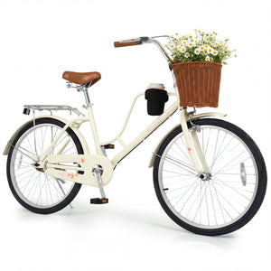 26-Inch/24-Inch Beach Cruiser Bike with Cup Holder and Woven Basket - Beige