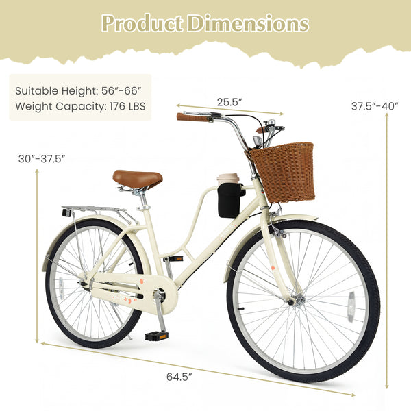 26-Inch/24-Inch Beach Cruiser Bike with Cup Holder and Woven Basket - Beige