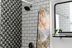 Woodland Castle Fairy Tale shower curtain in a modern farmhouse bathroom with subway tile