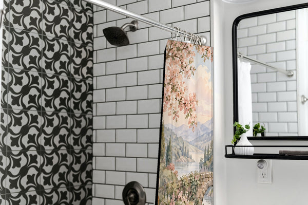 Woodland Castle Fairy Tale shower curtain in a modern farmhouse bathroom with subway tile