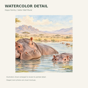 Watercolor Hippo Family Safari Wall Mural, image 4