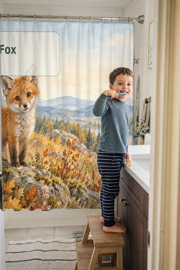 Child brushing teeth in a family bathroom with the F is for Fox Alphabet shower curtain