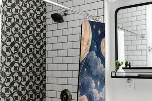 Moonlit Flight Hot Air Balloon shower curtain in a modern farmhouse bathroom with subway tile