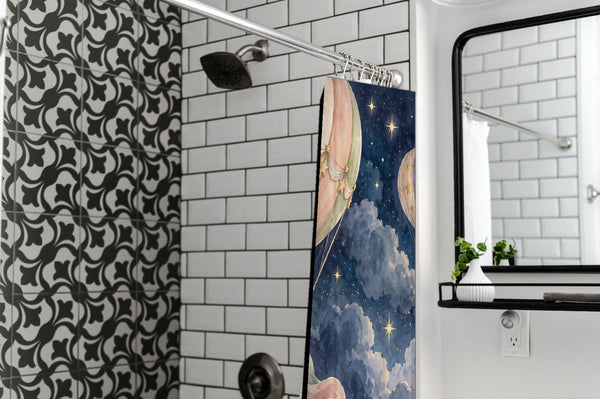 Moonlit Flight Hot Air Balloon shower curtain in a modern farmhouse bathroom with subway tile
