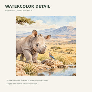 Watercolor Baby Rhino Safari Wall Mural, image 4