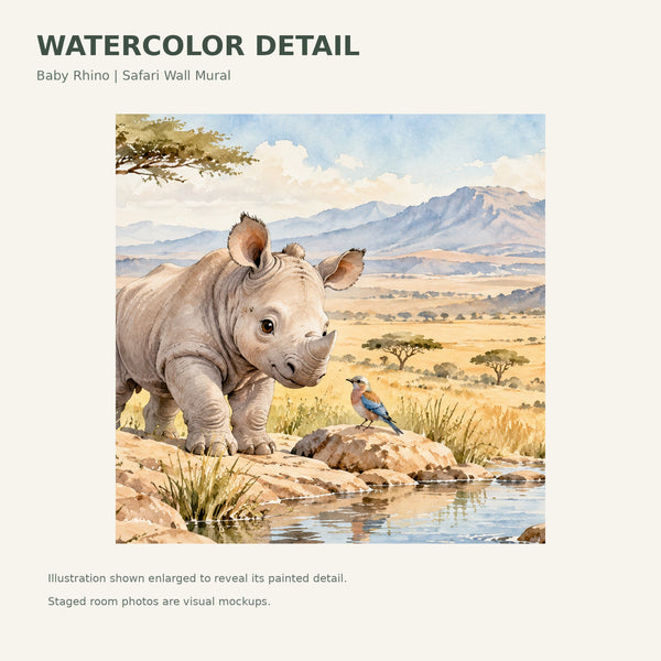 Watercolor Baby Rhino Safari Wall Mural, image 4