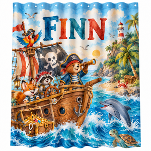 Personalized pirate ship kids shower curtain with the name Finn