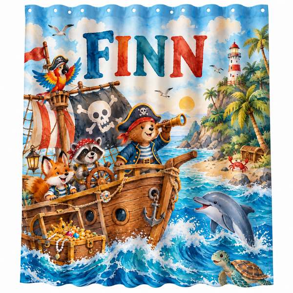 Personalized pirate ship kids shower curtain with the name Finn