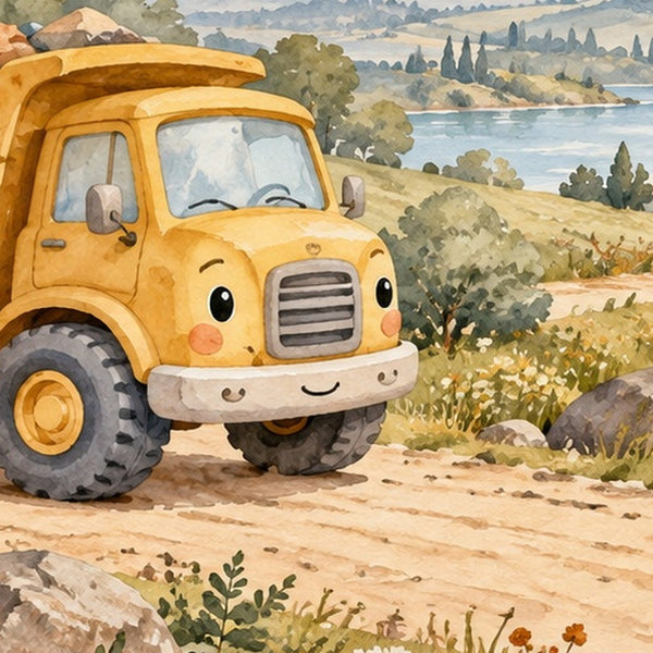 Dump Truck Road shower curtain, close up of the watercolor artwork