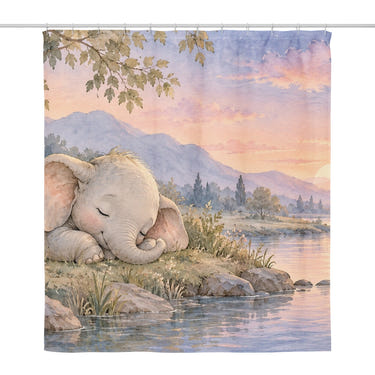 Sleepy Elephant shower curtain, full front view of the 71 x 74 in fabric curtain