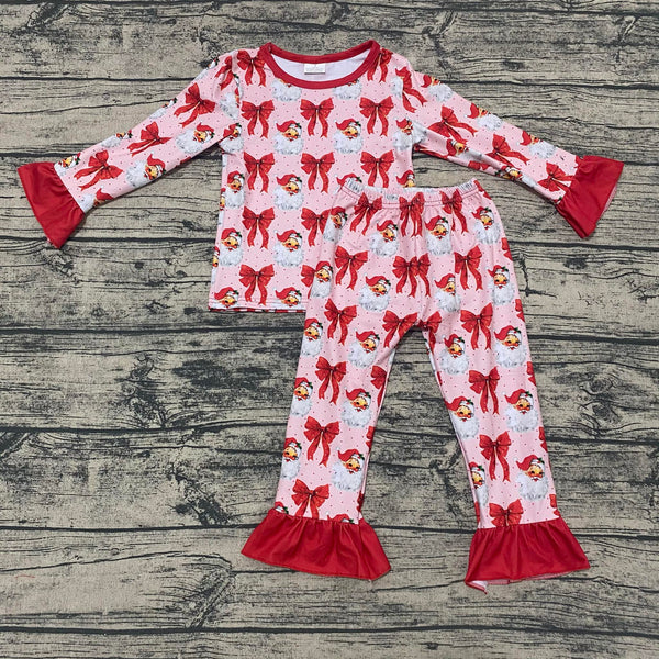 Red Santa Bows pajama set for babies, featuring festive design, perfect for holiday sleepwear. Angle 2 view.