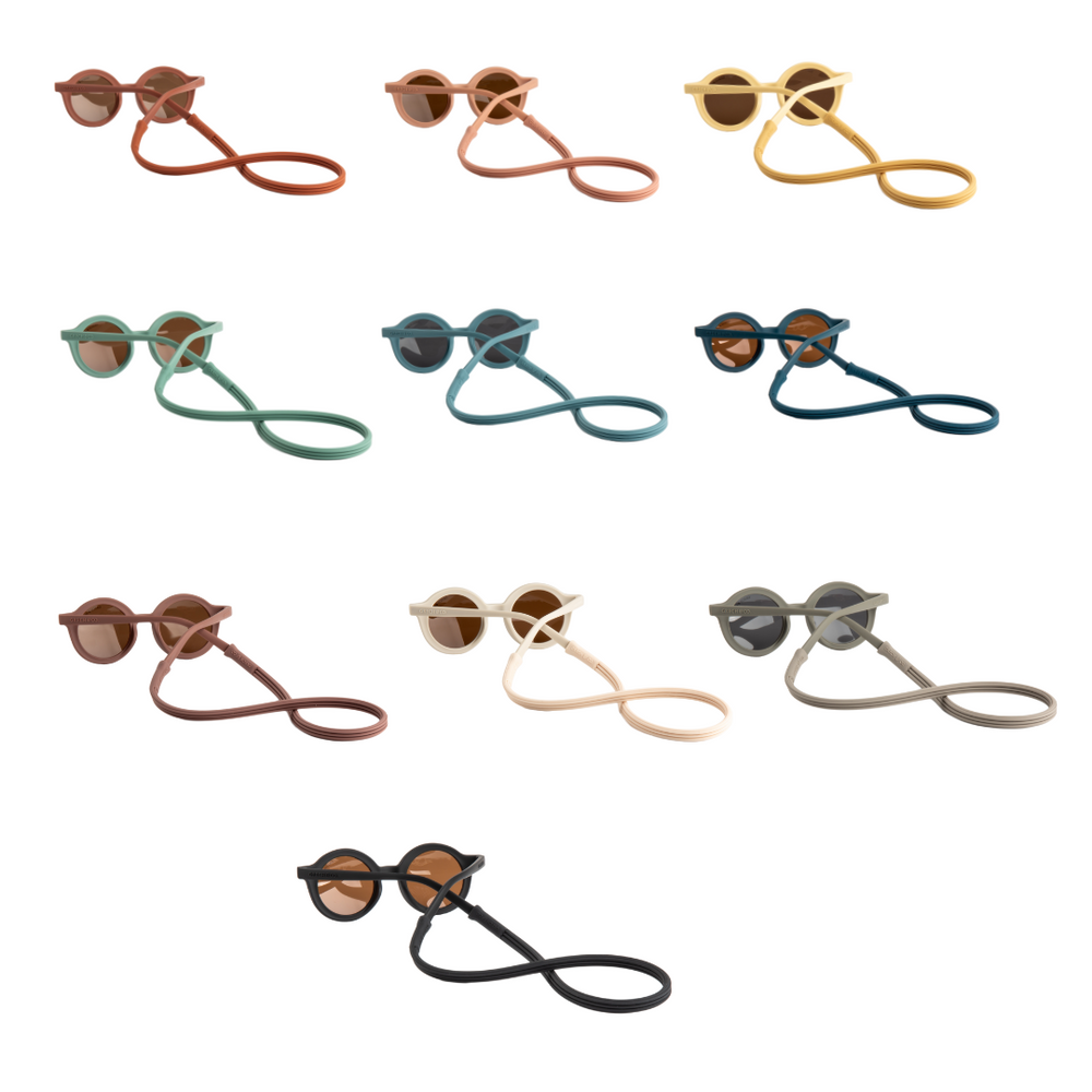 Soft silicone sunglasses strap for babies in sunset colors, perfect accessory for sunny days.
