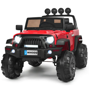 12V kids ride-on truck with remote control and double magnetic door, angled view showcasing its fun design and features.